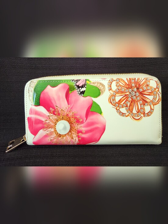 Handbags - Floral Butterfly Print Double Zip Around Wallet White Patent Faux Leather Clutch